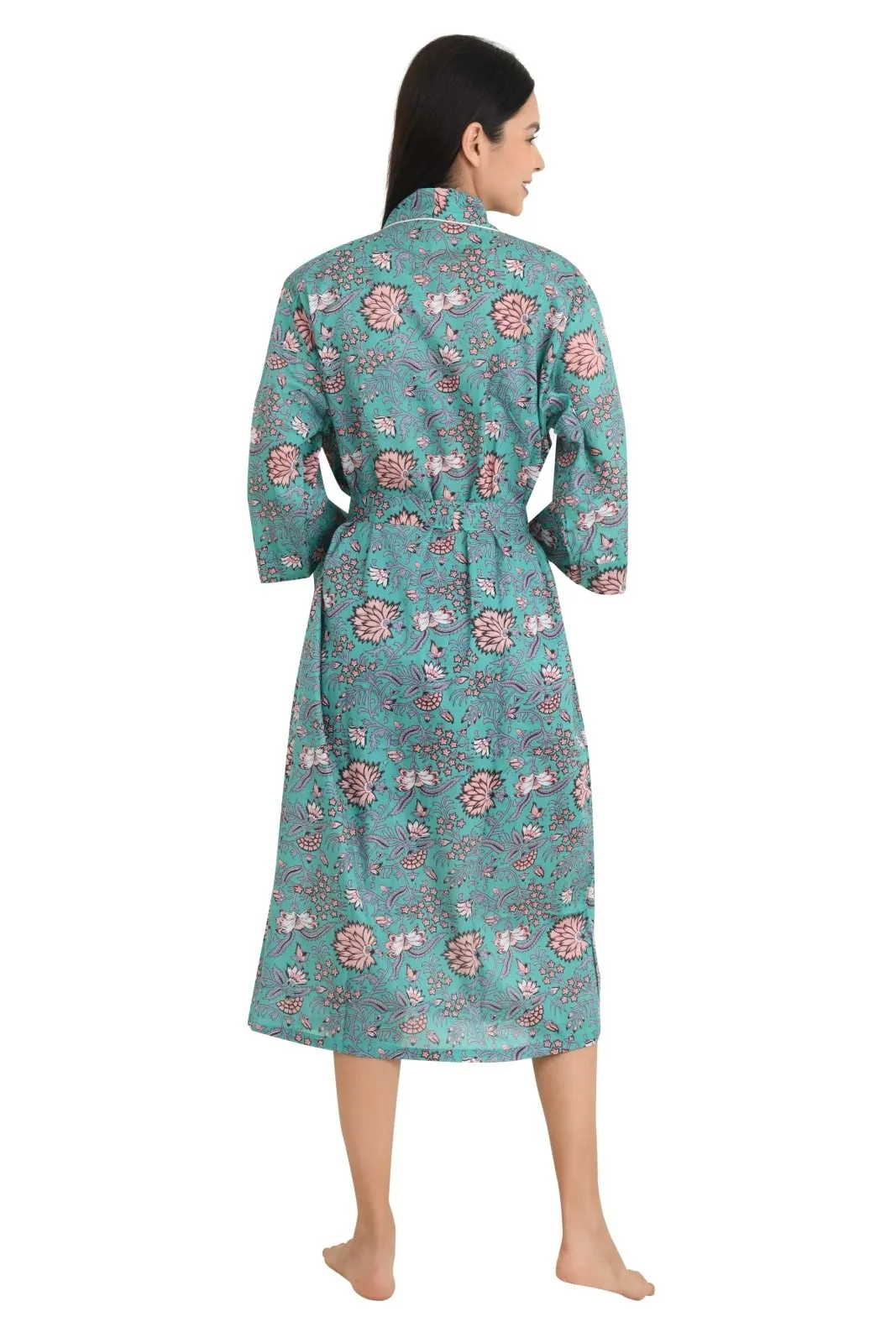 Boho Cotton Kimono House Robe Indian Handprinted Floral Print Pattern | Lightweight Summer Luxury Beach Holidays Yacht Cover Up Stunning Dress