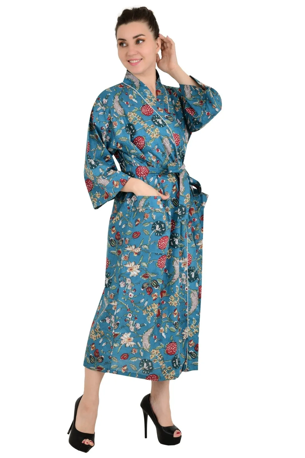Boho Cotton Kimono House Robe Indian Handprinted Floral Rose | Lightweight Summer Luxury Beach Holidays Yacht Cover Up Stunning Dress