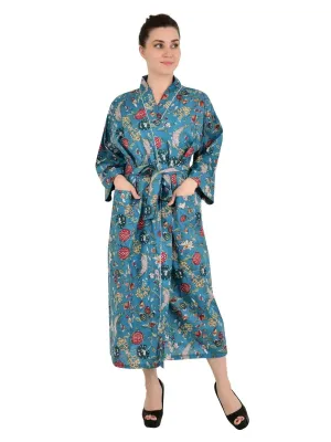 Boho Cotton Kimono House Robe Indian Handprinted Floral Rose | Lightweight Summer Luxury Beach Holidays Yacht Cover Up Stunning Dress