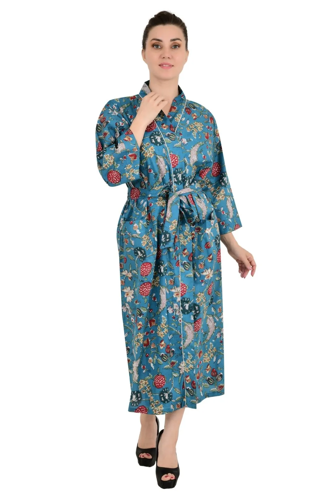 Boho Cotton Kimono House Robe Indian Handprinted Floral Rose | Lightweight Summer Luxury Beach Holidays Yacht Cover Up Stunning Dress
