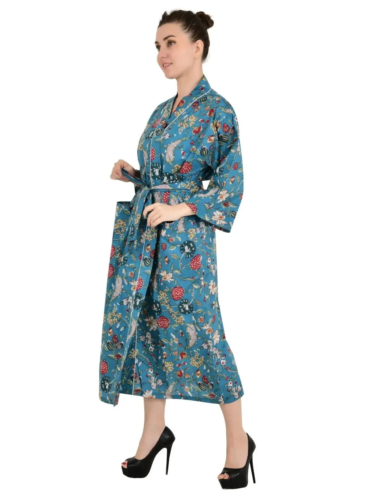 Boho Cotton Kimono House Robe Indian Handprinted Floral Rose | Lightweight Summer Luxury Beach Holidays Yacht Cover Up Stunning Dress