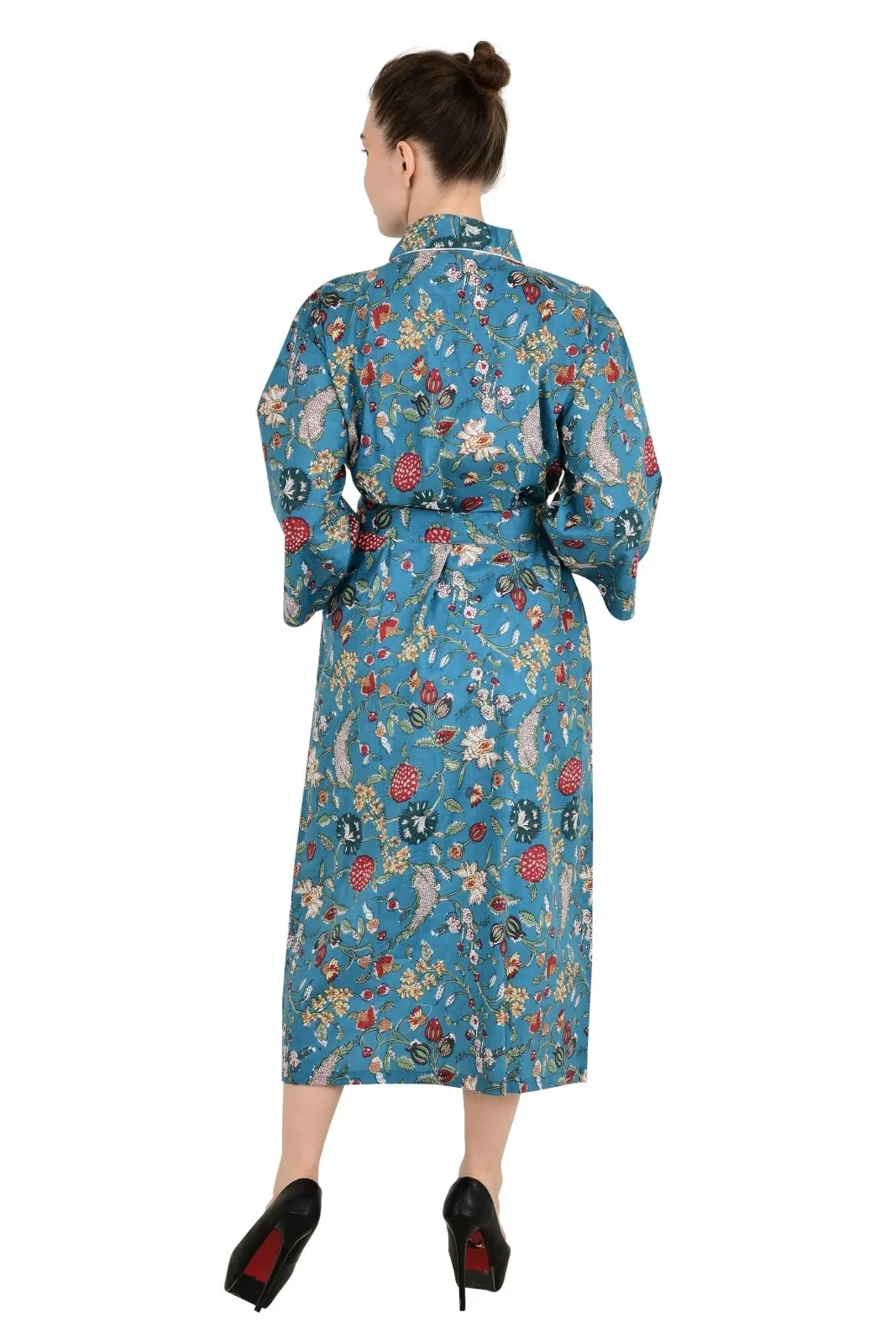Boho Cotton Kimono House Robe Indian Handprinted Floral Rose | Lightweight Summer Luxury Beach Holidays Yacht Cover Up Stunning Dress