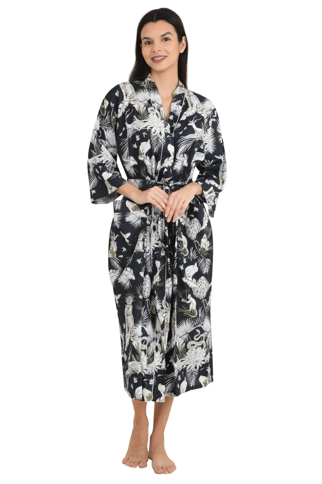 Boho Cotton Kimono House Robe Indian Handprinted Jungle Print Pattern | Lightweight Summer Luxury Beach Holidays Yacht Cover Up Stunning Dress
