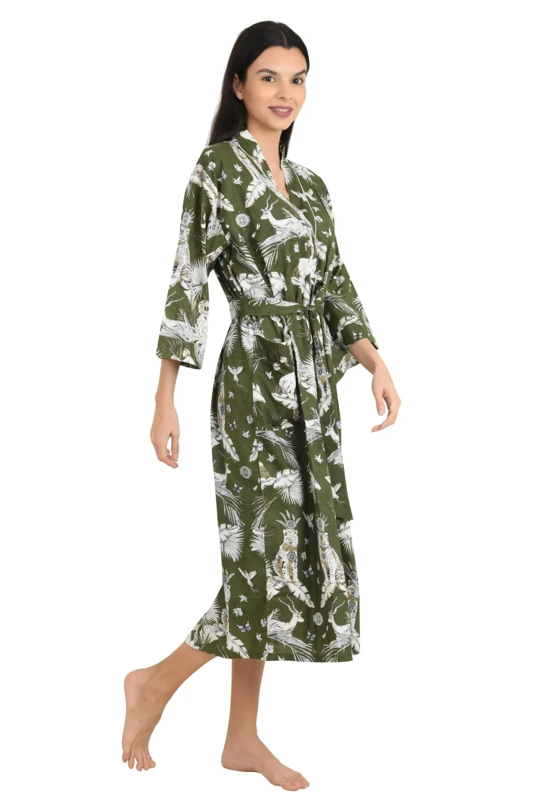 Boho Cotton Kimono House Robe Indian Handprinted Monkey Print Pattern | Lightweight Summer Luxury Beach Holidays Yacht Cover Up Stunning Dress