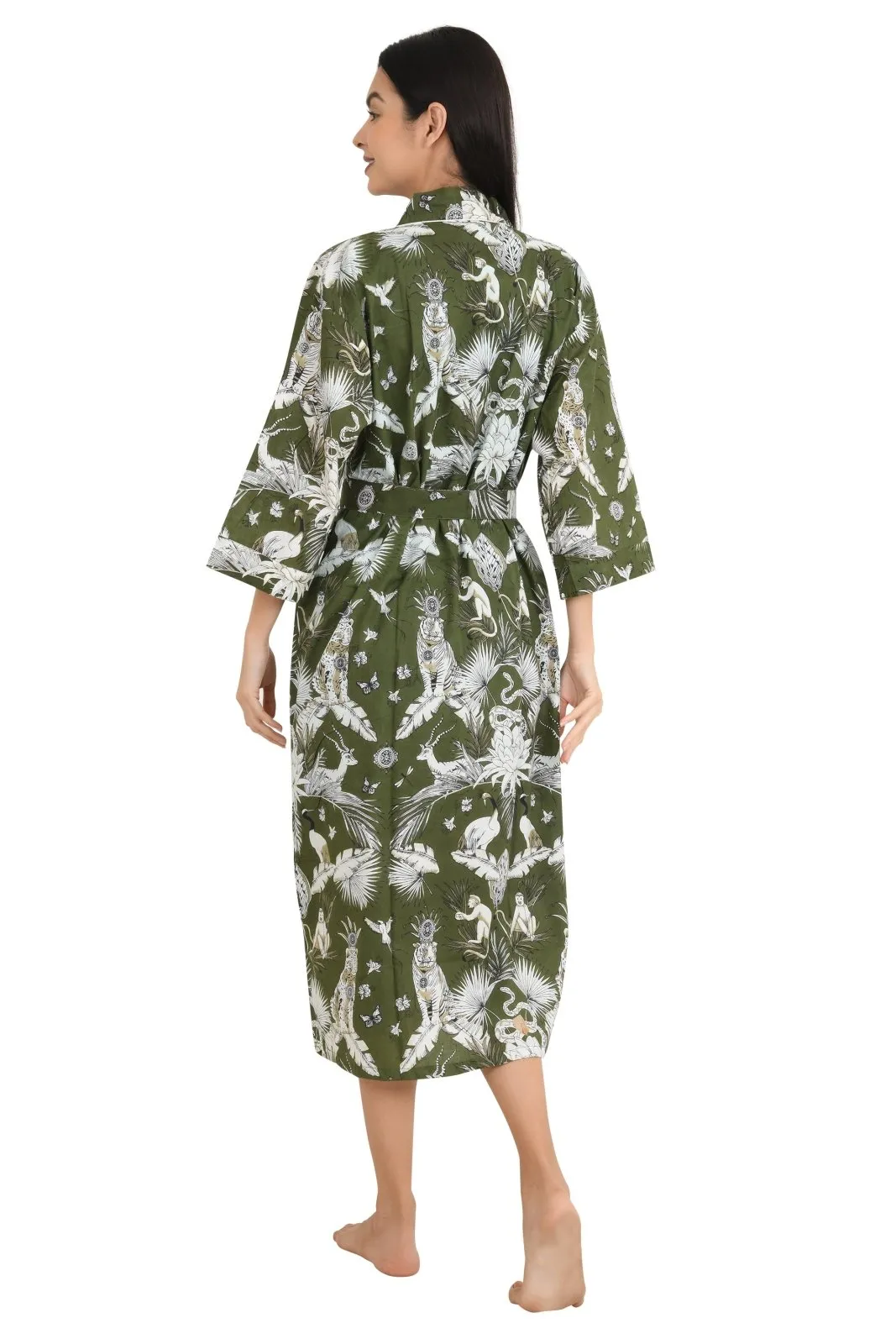 Boho Cotton Kimono House Robe Indian Handprinted Monkey Print Pattern | Lightweight Summer Luxury Beach Holidays Yacht Cover Up Stunning Dress