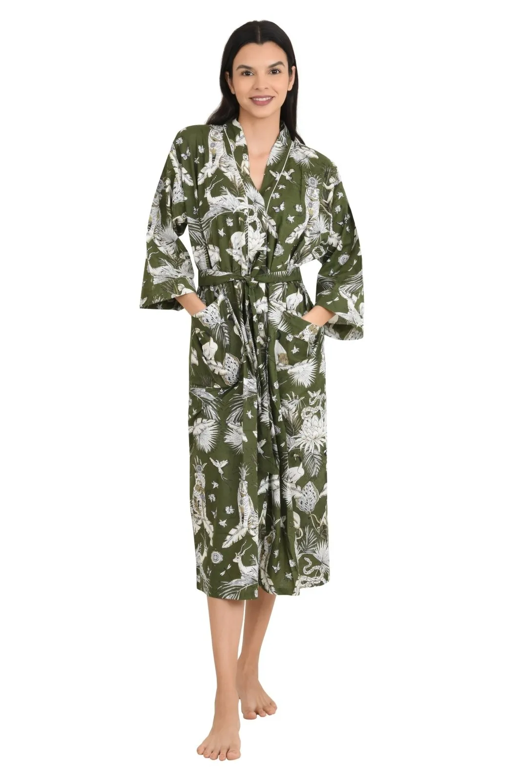 Boho Cotton Kimono House Robe Indian Handprinted Monkey Print Pattern | Lightweight Summer Luxury Beach Holidays Yacht Cover Up Stunning Dress