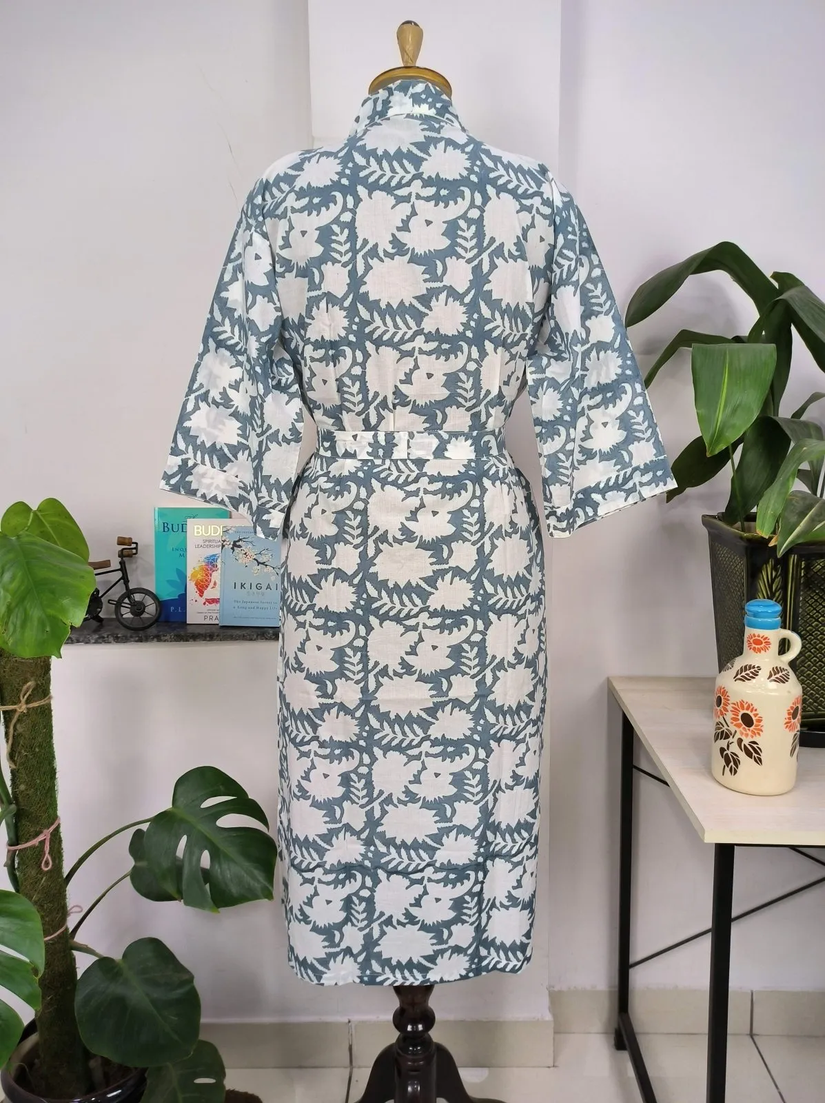 Boho Cotton Kimono House Robe Indian Handprinted Pink Grey White Floral | Lightweight Summer Luxury Beach Holiday Cover Up Stunning Dress