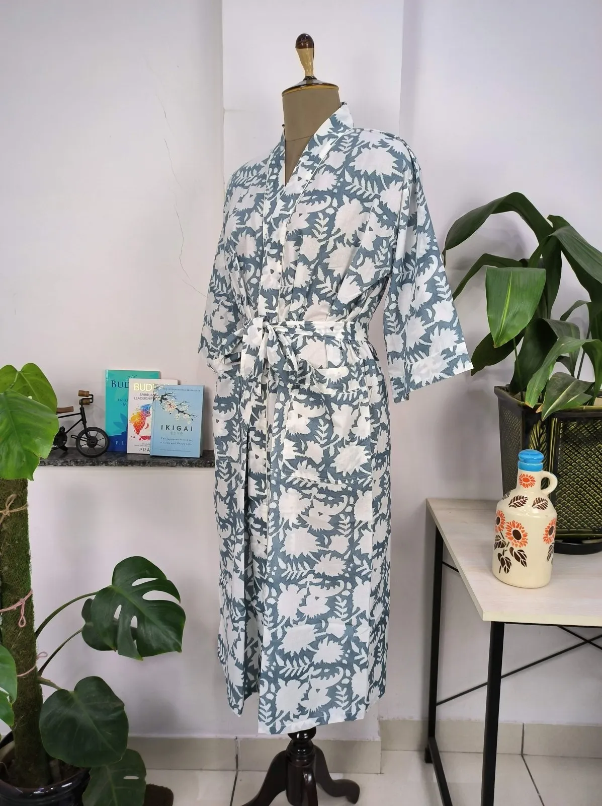 Boho Cotton Kimono House Robe Indian Handprinted Pink Grey White Floral | Lightweight Summer Luxury Beach Holiday Cover Up Stunning Dress
