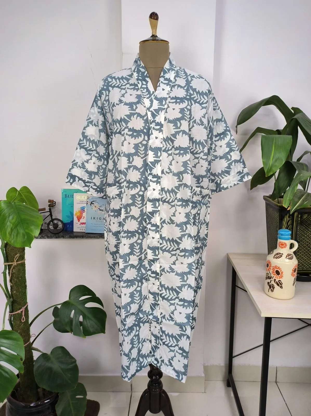Boho Cotton Kimono House Robe Indian Handprinted Pink Grey White Floral | Lightweight Summer Luxury Beach Holiday Cover Up Stunning Dress