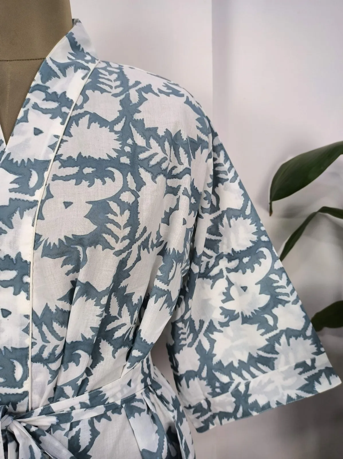 Boho Cotton Kimono House Robe Indian Handprinted Pink Grey White Floral | Lightweight Summer Luxury Beach Holiday Cover Up Stunning Dress