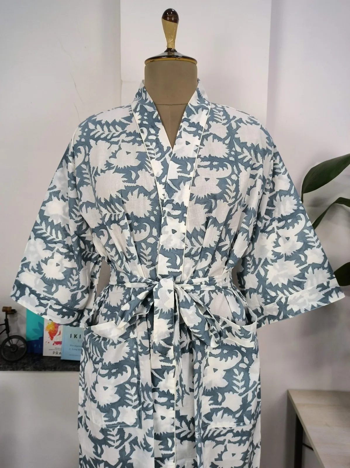Boho Cotton Kimono House Robe Indian Handprinted Pink Grey White Floral | Lightweight Summer Luxury Beach Holiday Cover Up Stunning Dress