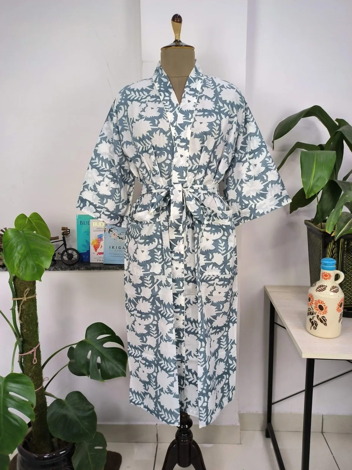 Boho Cotton Kimono House Robe Indian Handprinted Pink Grey White Floral | Lightweight Summer Luxury Beach Holiday Cover Up Stunning Dress