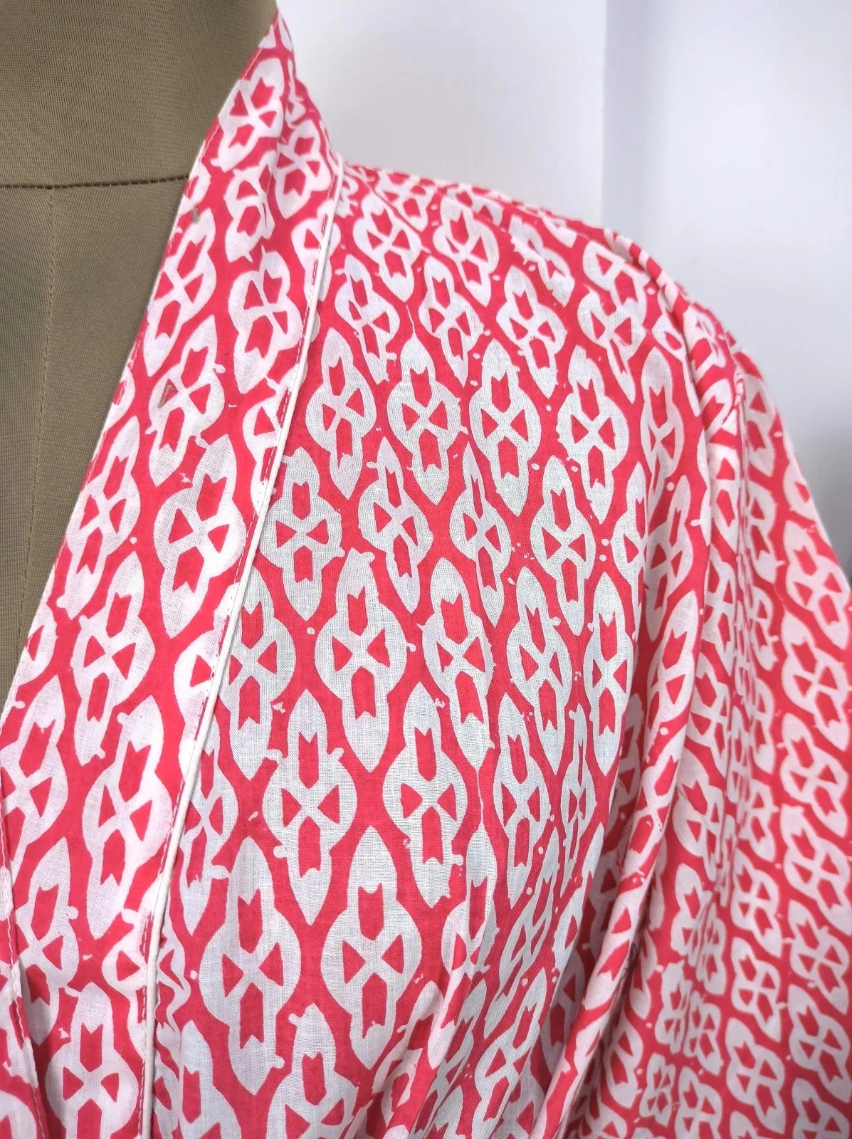 Boho Cotton Kimono House Robe Indian Handprinted Pink White Abstract Print | Lightweight Summer Luxury Beach Holiday Cover Up Stunning Dress