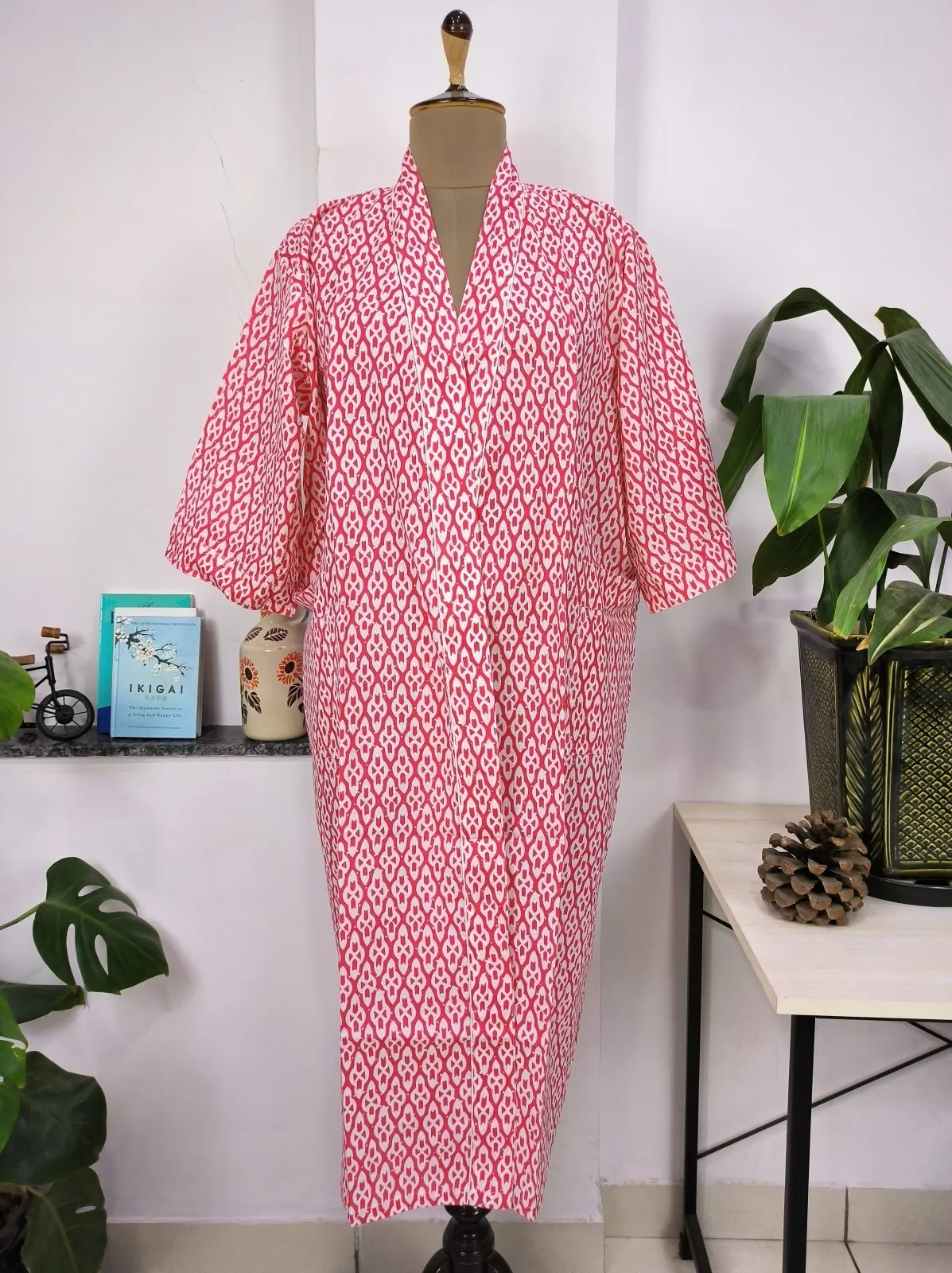 Boho Cotton Kimono House Robe Indian Handprinted Pink White Abstract Print | Lightweight Summer Luxury Beach Holiday Cover Up Stunning Dress