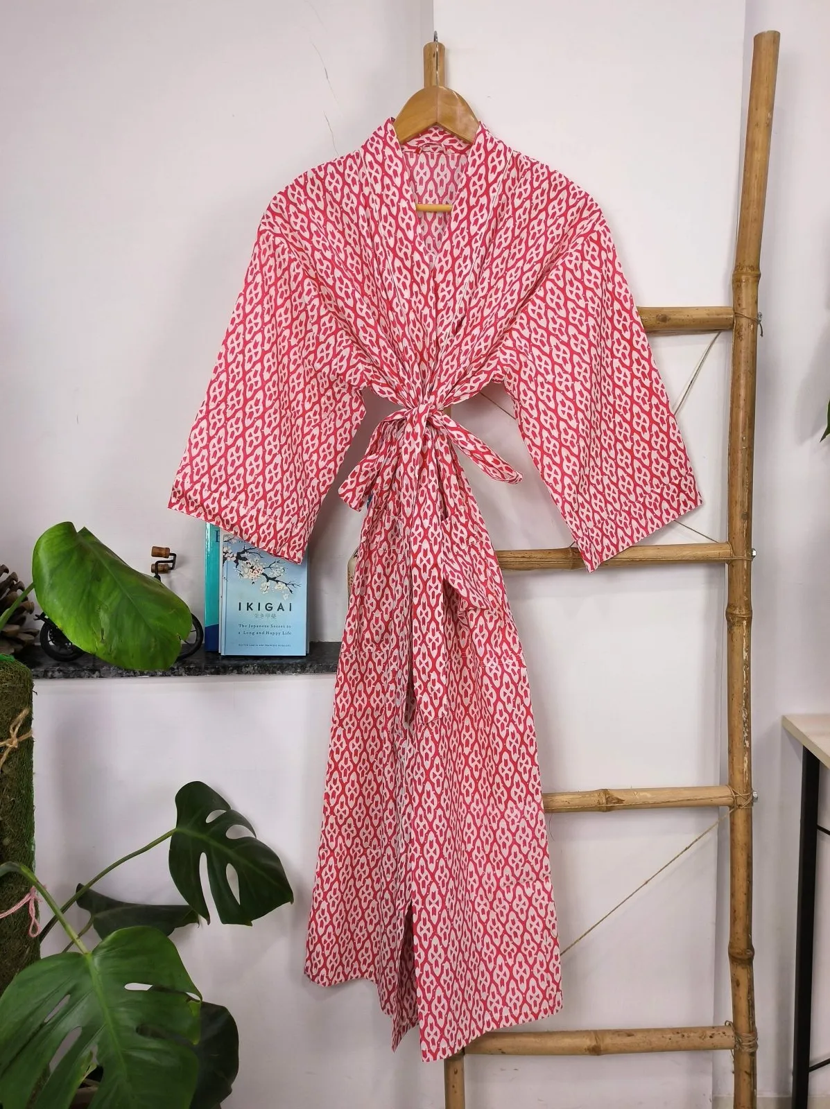 Boho Cotton Kimono House Robe Indian Handprinted Pink White Abstract Print | Lightweight Summer Luxury Beach Holiday Cover Up Stunning Dress