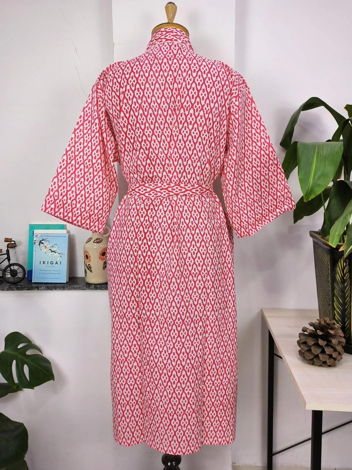 Boho Cotton Kimono House Robe Indian Handprinted Pink White Abstract Print | Lightweight Summer Luxury Beach Holiday Cover Up Stunning Dress
