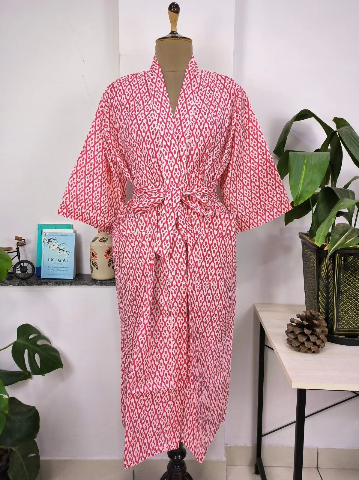 Boho Cotton Kimono House Robe Indian Handprinted Pink White Abstract Print | Lightweight Summer Luxury Beach Holiday Cover Up Stunning Dress