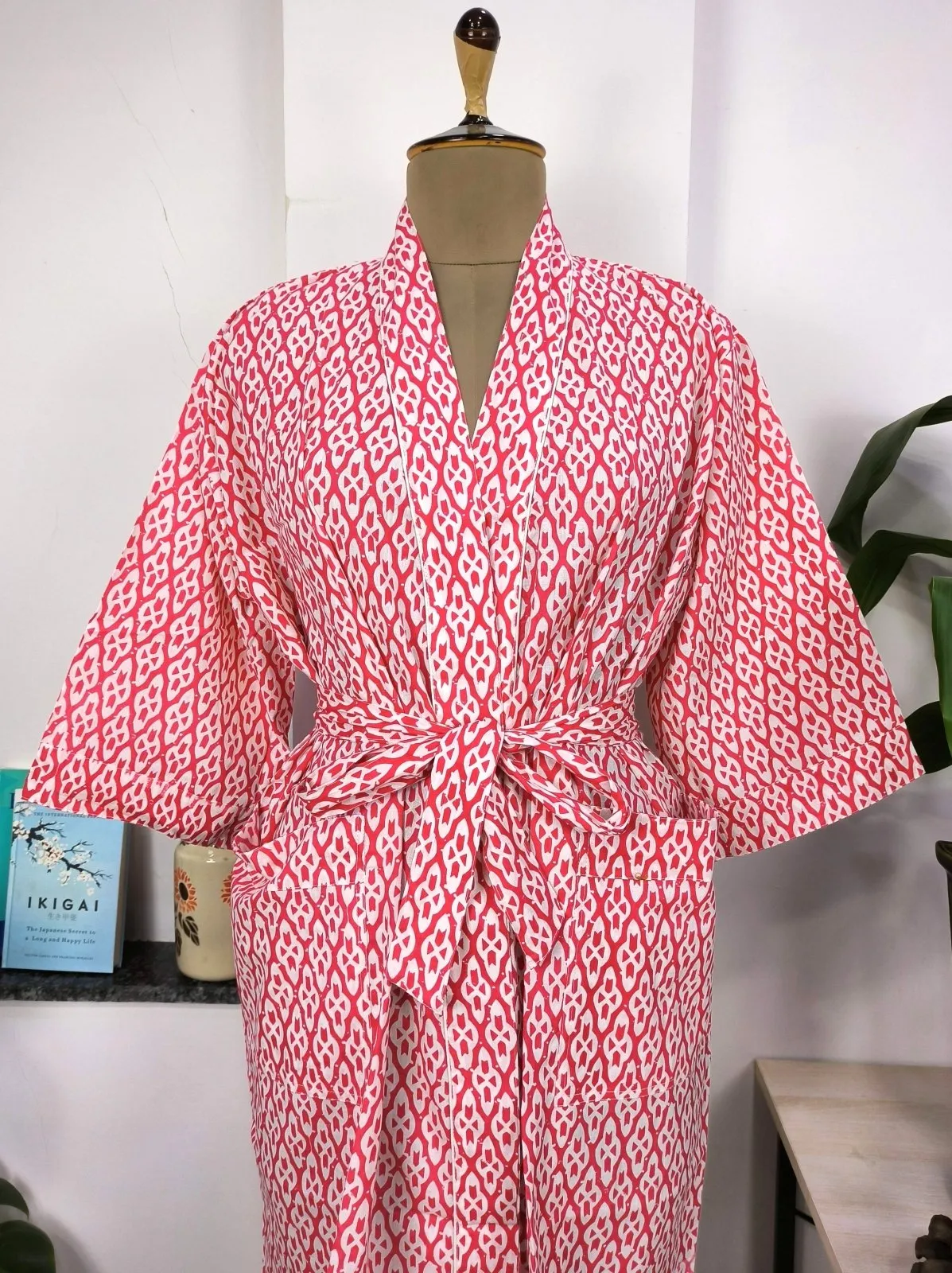 Boho Cotton Kimono House Robe Indian Handprinted Pink White Abstract Print | Lightweight Summer Luxury Beach Holiday Cover Up Stunning Dress