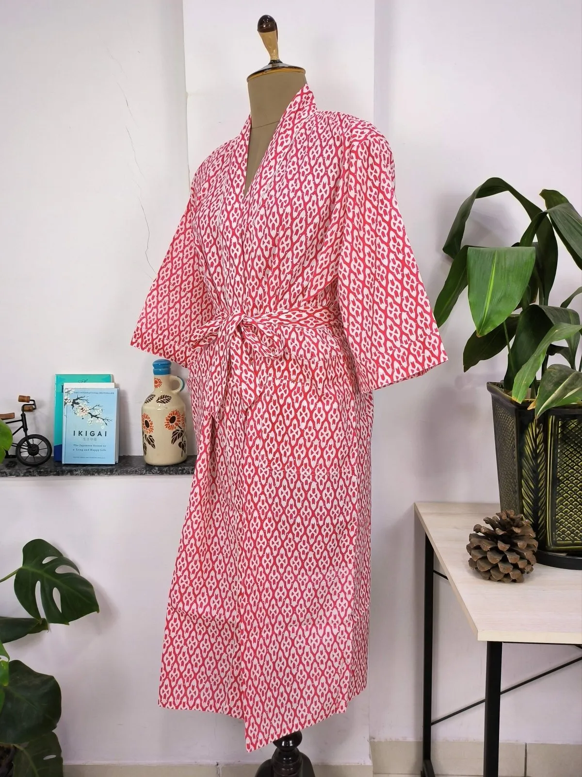 Boho Cotton Kimono House Robe Indian Handprinted Pink White Abstract Print | Lightweight Summer Luxury Beach Holiday Cover Up Stunning Dress