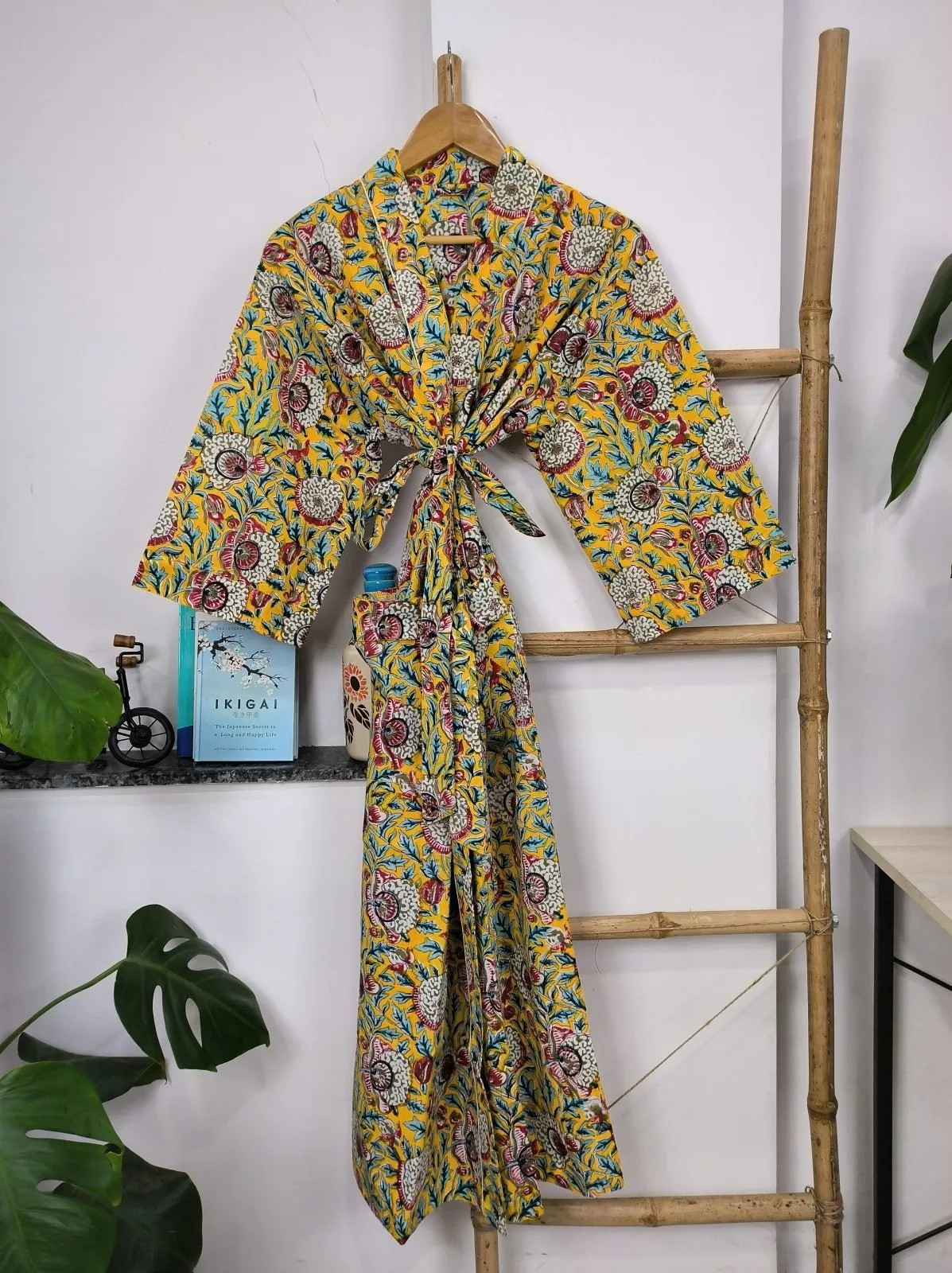 Boho Cotton Kimono House Robe Indian Handprinted Pink Yellow Garden Floral | Lightweight Summer Luxury Beach Holiday Cover Up Stunning Dress