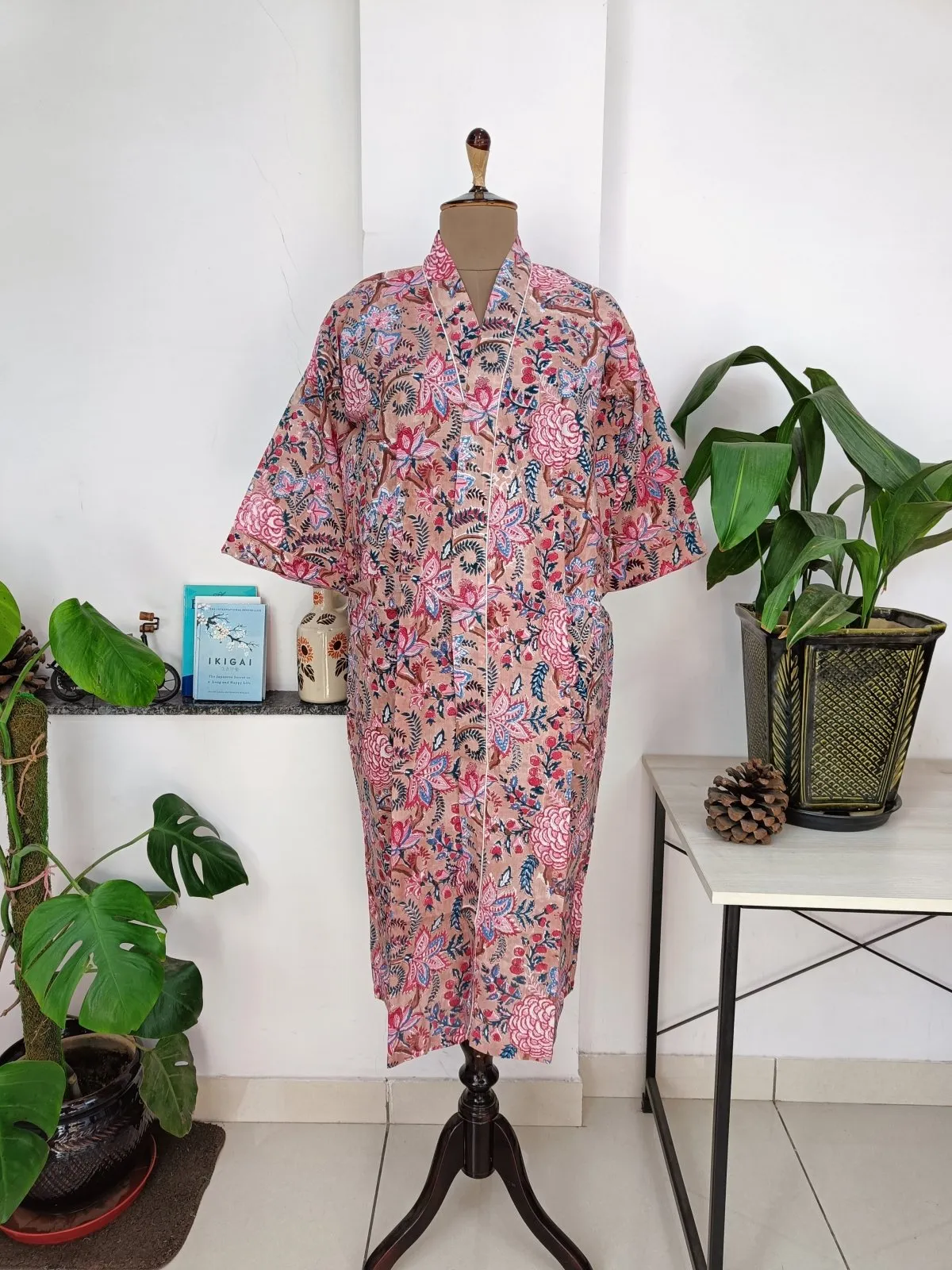 Boho Cotton Kimono House Robe Indian Handprinted Quick Sand Floral | Lightweight Summer Luxury Beach Holidays Yacht Cover Up Stunning Dress