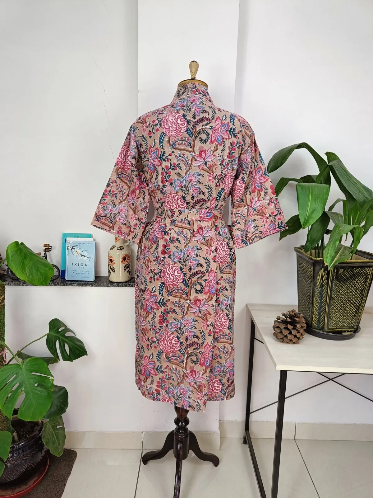 Boho Cotton Kimono House Robe Indian Handprinted Quick Sand Floral | Lightweight Summer Luxury Beach Holidays Yacht Cover Up Stunning Dress