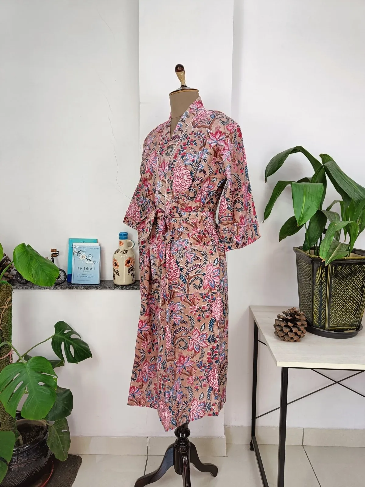 Boho Cotton Kimono House Robe Indian Handprinted Quick Sand Floral | Lightweight Summer Luxury Beach Holidays Yacht Cover Up Stunning Dress