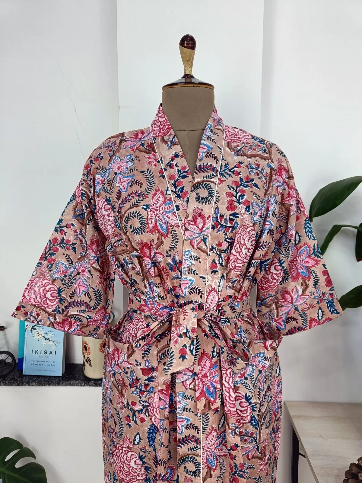 Boho Cotton Kimono House Robe Indian Handprinted Quick Sand Floral | Lightweight Summer Luxury Beach Holidays Yacht Cover Up Stunning Dress