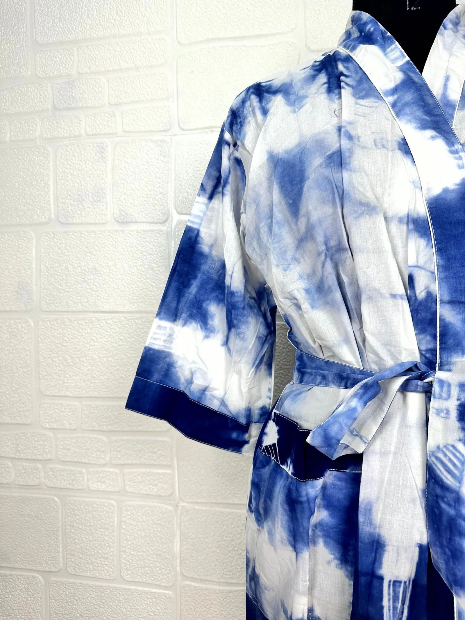 Boho Cotton Kimono House Robe Indian Handprinted Tie Dye Print Pattern | Lightweight Summer Luxury Beach Holidays Yacht Cover Up Stunning Dress