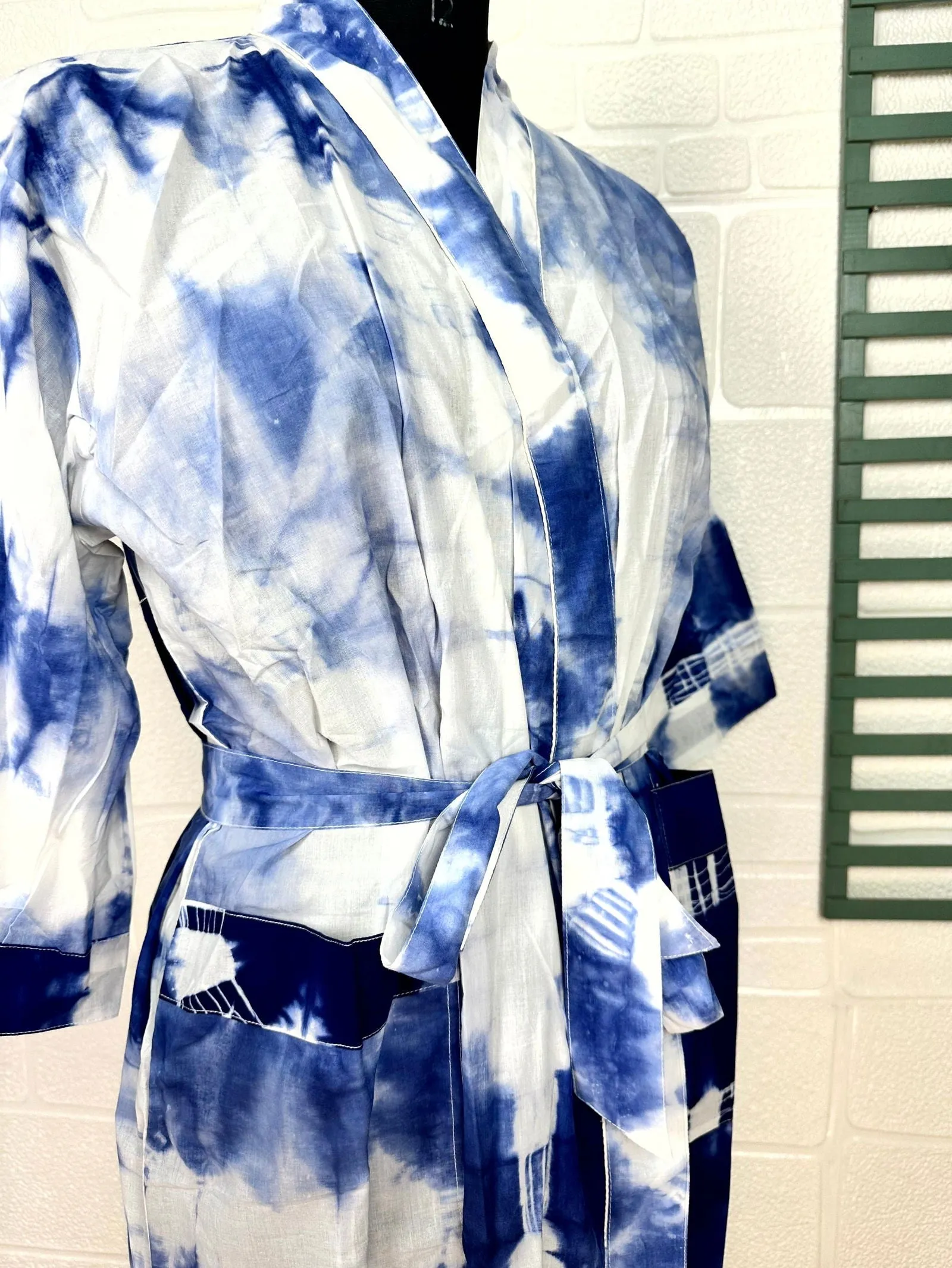 Boho Cotton Kimono House Robe Indian Handprinted Tie Dye Print Pattern | Lightweight Summer Luxury Beach Holidays Yacht Cover Up Stunning Dress