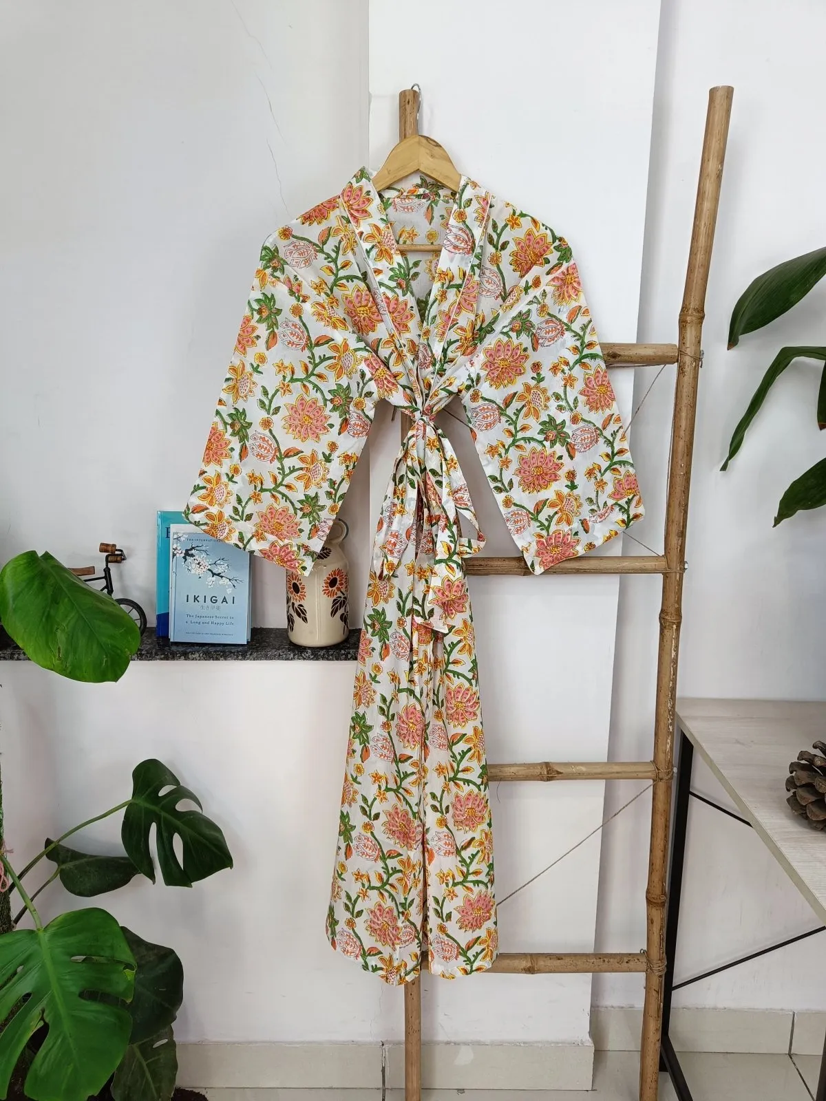 Boho Cotton Kimono House Robe Indian Handprinted White Botanical | Lightweight Summer Luxury Beach Holidays Cover Up Stunning Bride Dress