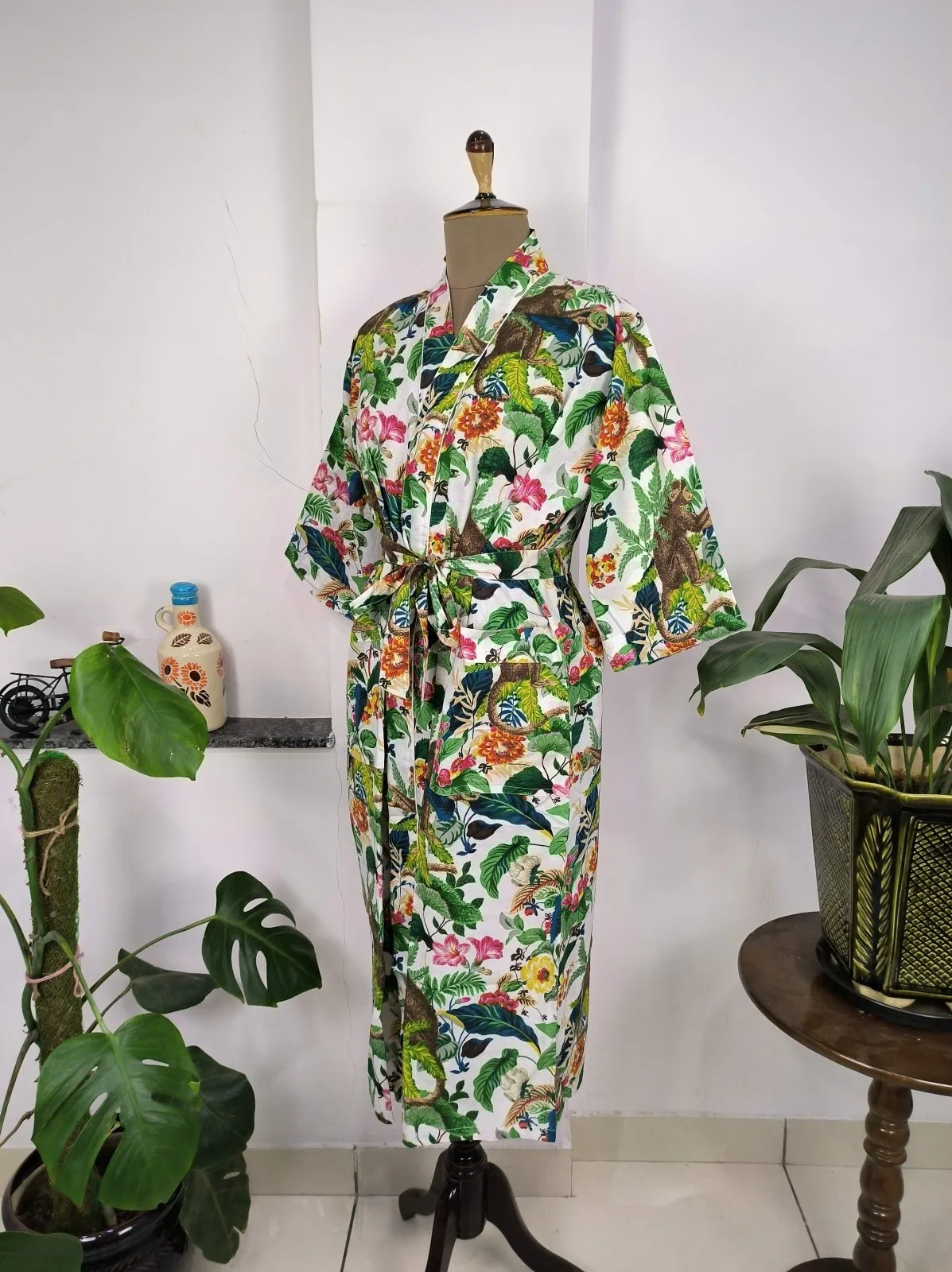 Boho House Robe Indian Handprinted Cotton Kimono Jungle Monkey Print | Perfect for Summer Luxury Beach Holiday Yacht Cover Up Stunning Dress