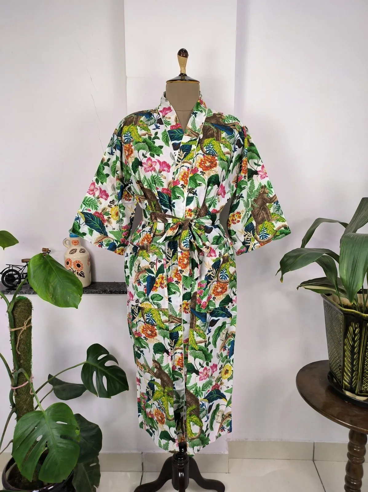 Boho House Robe Indian Handprinted Cotton Kimono Jungle Monkey Print | Perfect for Summer Luxury Beach Holiday Yacht Cover Up Stunning Dress