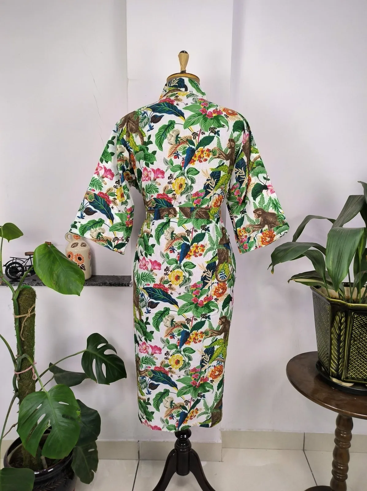 Boho House Robe Indian Handprinted Cotton Kimono Jungle Monkey Print | Perfect for Summer Luxury Beach Holiday Yacht Cover Up Stunning Dress