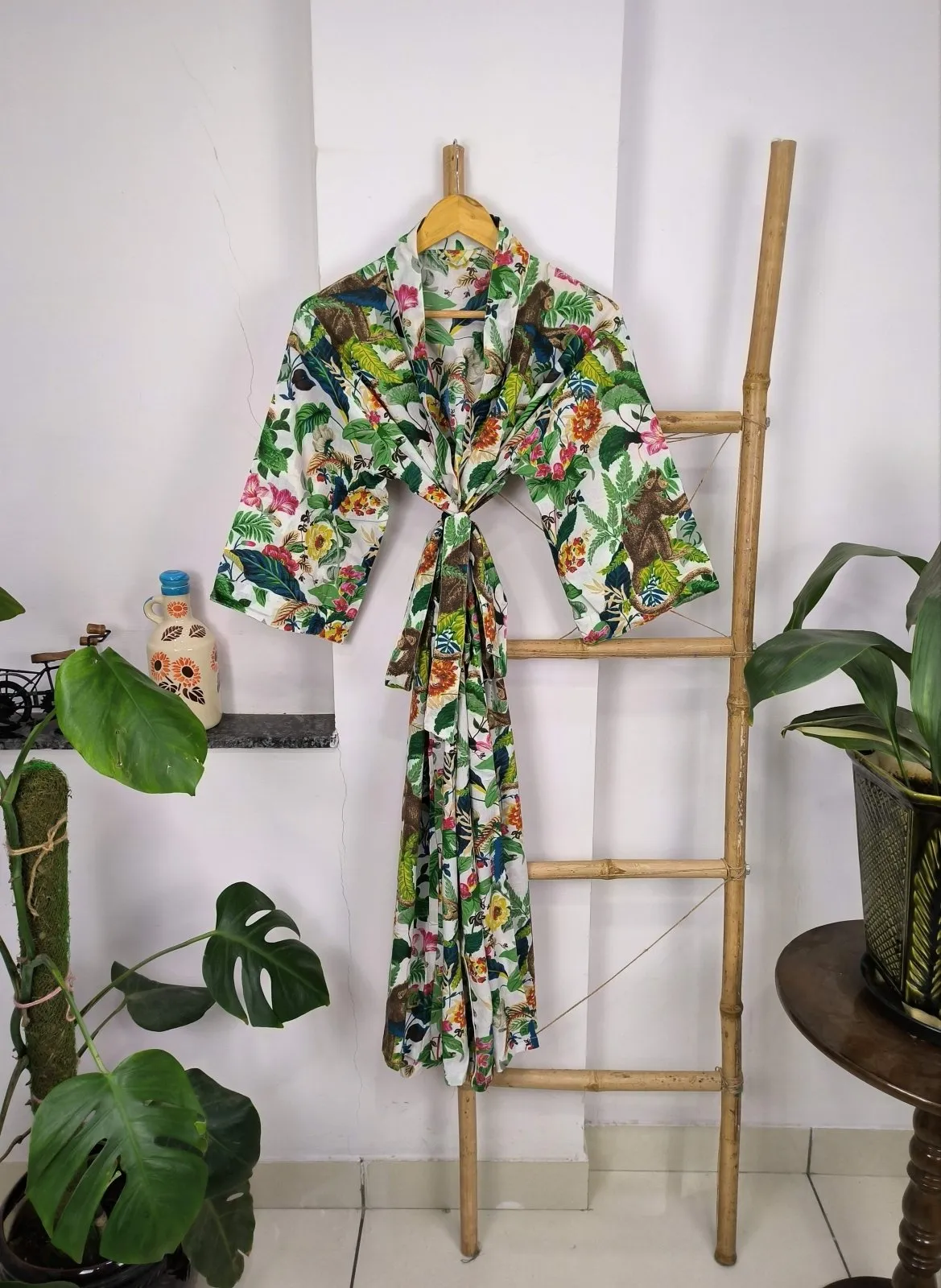 Boho House Robe Indian Handprinted Cotton Kimono Jungle Monkey Print | Perfect for Summer Luxury Beach Holiday Yacht Cover Up Stunning Dress