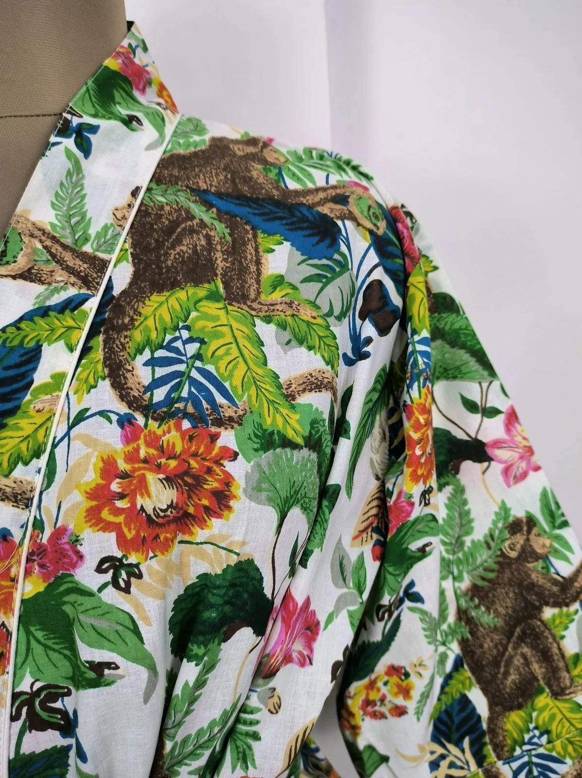 Boho House Robe Indian Handprinted Cotton Kimono Jungle Monkey Print | Perfect for Summer Luxury Beach Holiday Yacht Cover Up Stunning Dress