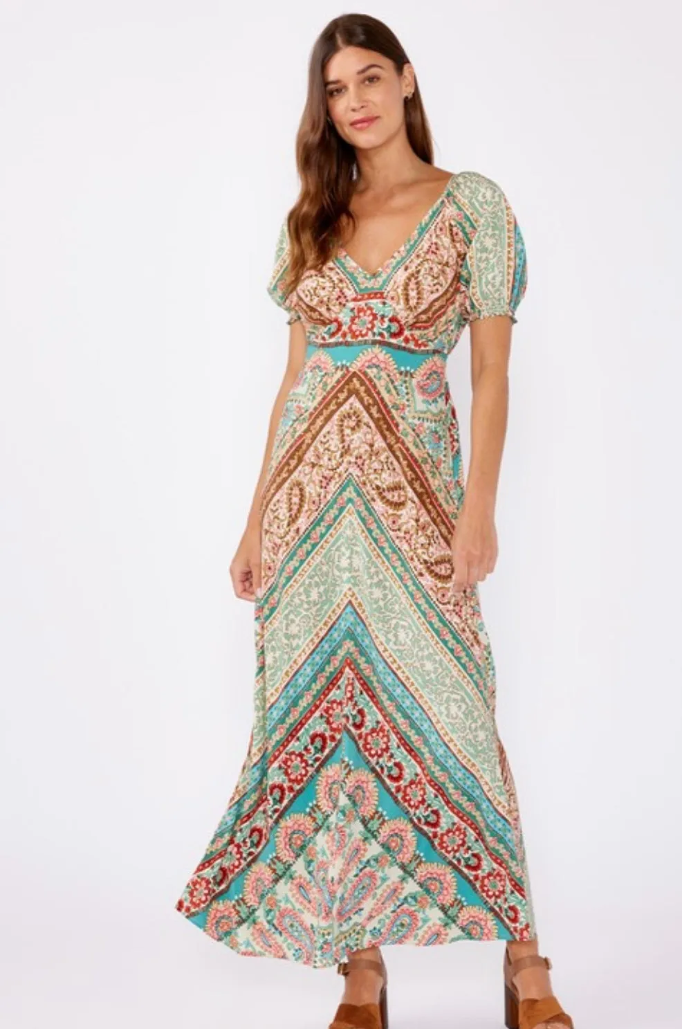 Boho Style Jade & Neutral V-Neck Maxi Dress by Lovestitch