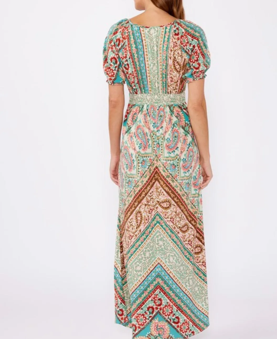 Boho Style Jade & Neutral V-Neck Maxi Dress by Lovestitch