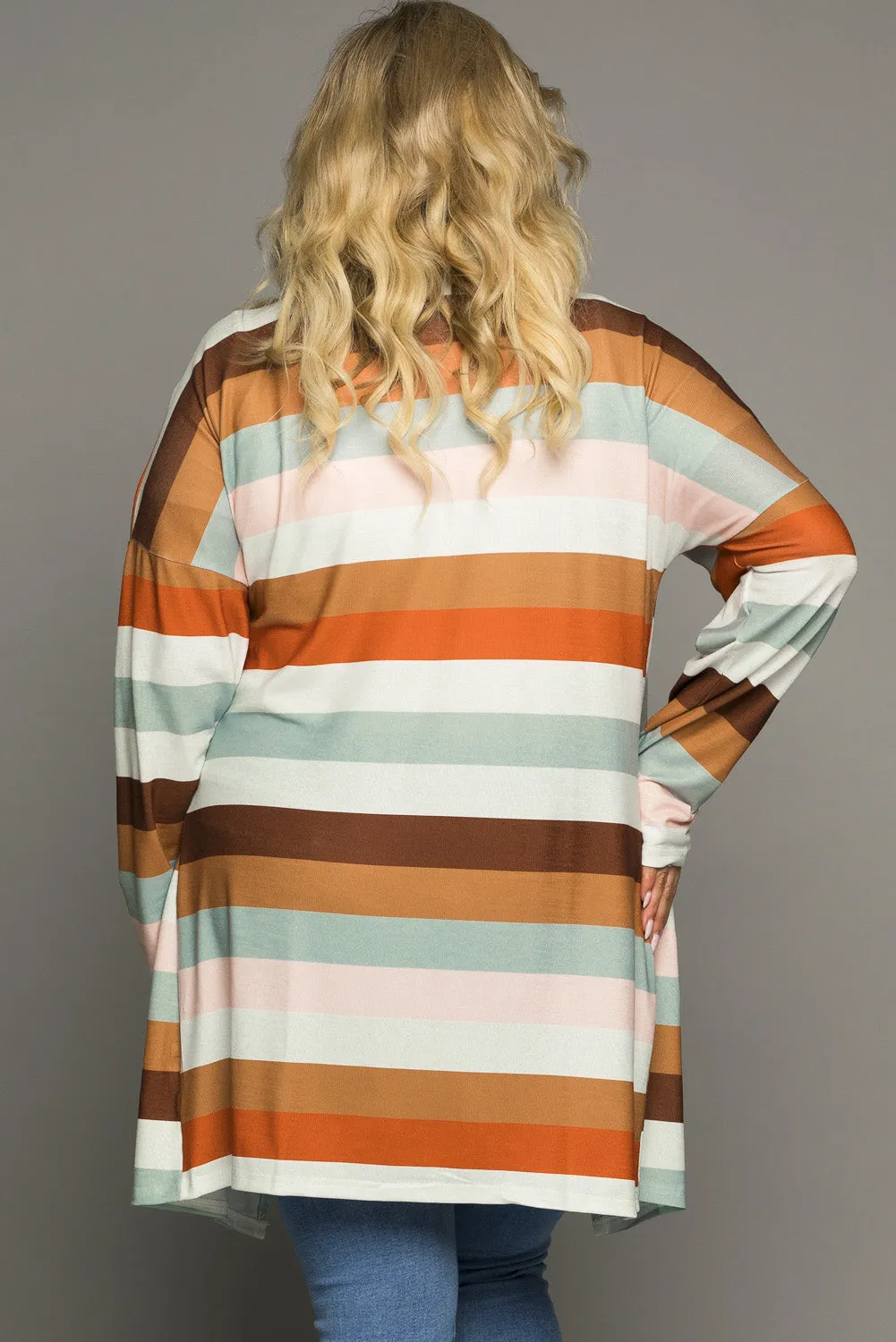 Brown Stripe Print Open Front Plus Size Cardigan With Pocket