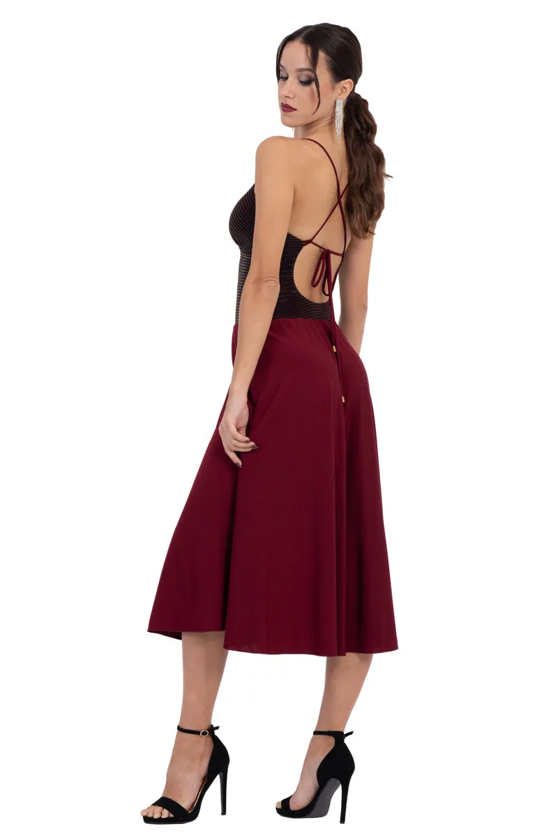 Burgundy Lamé Fit & Flare Tango Dress With Spaghetti Straps