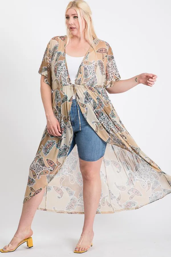 Cappuccino Short Sleeves Long-line Printed Mesh Open Women's Cardigan