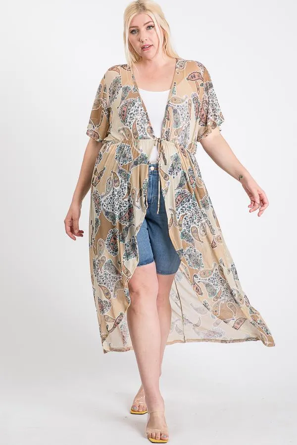 Cappuccino Short Sleeves Long-line Printed Mesh Open Women's Cardigan