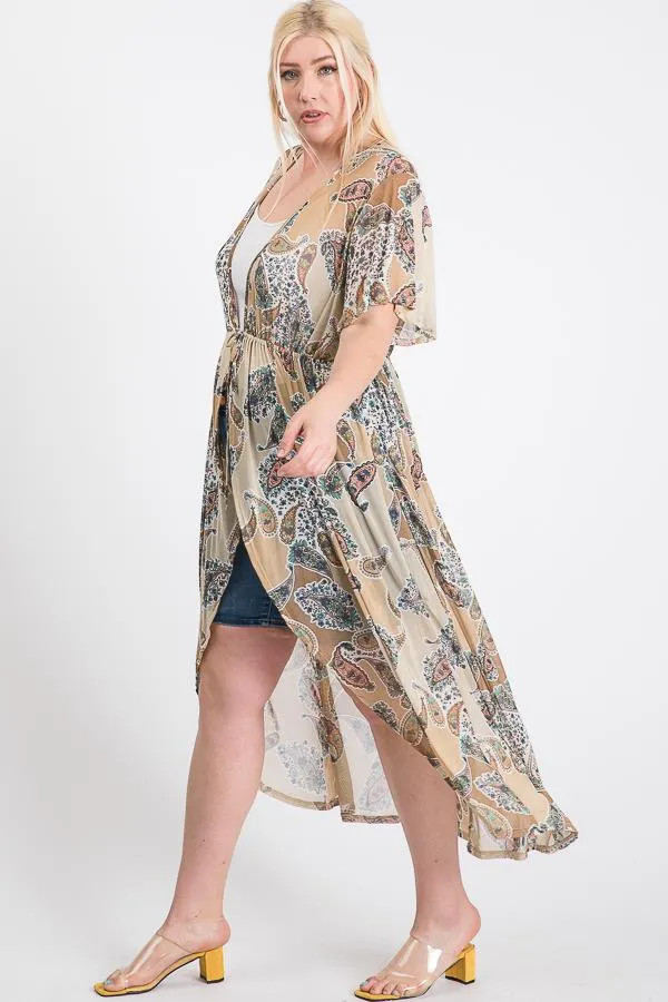 Cappuccino Short Sleeves Long-line Printed Mesh Open Women's Cardigan