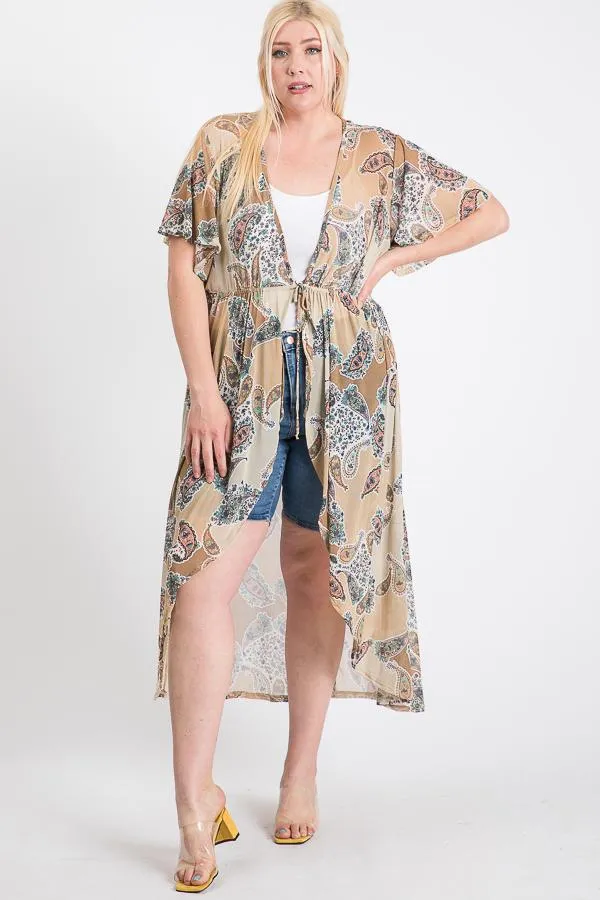 Cappuccino Short Sleeves Long-line Printed Mesh Open Women's Cardigan