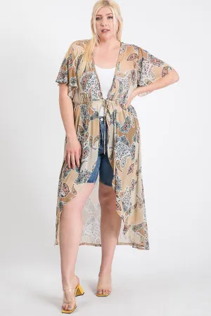 Cappuccino Short Sleeves Long-line Printed Mesh Open Women's Cardigan