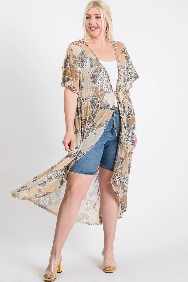 Cappuccino Short Sleeves Long-line Printed Mesh Open Women's Cardigan