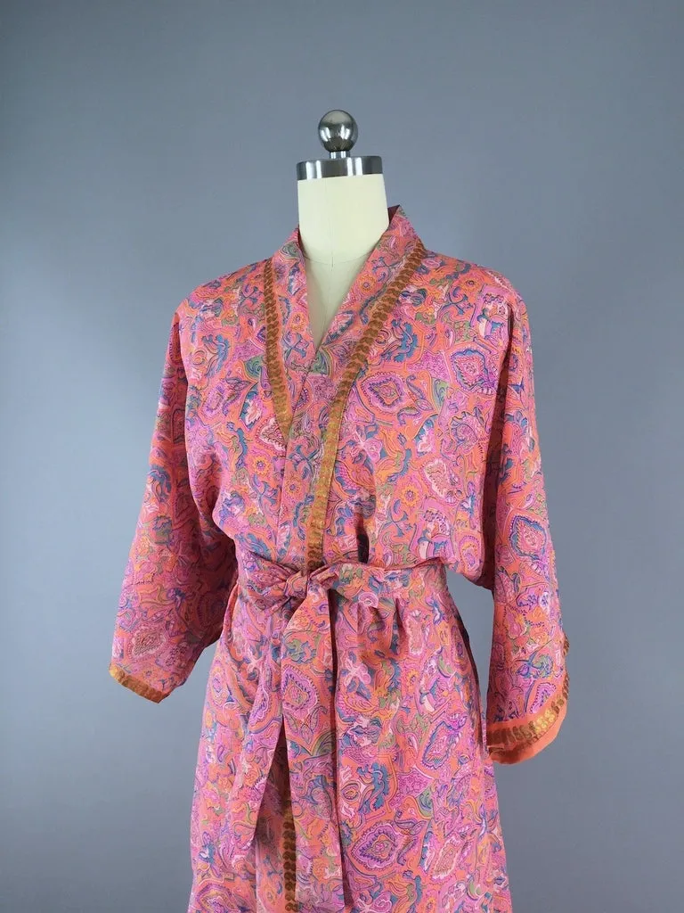 Chiffon Sari Robe / Coral Pink Floral