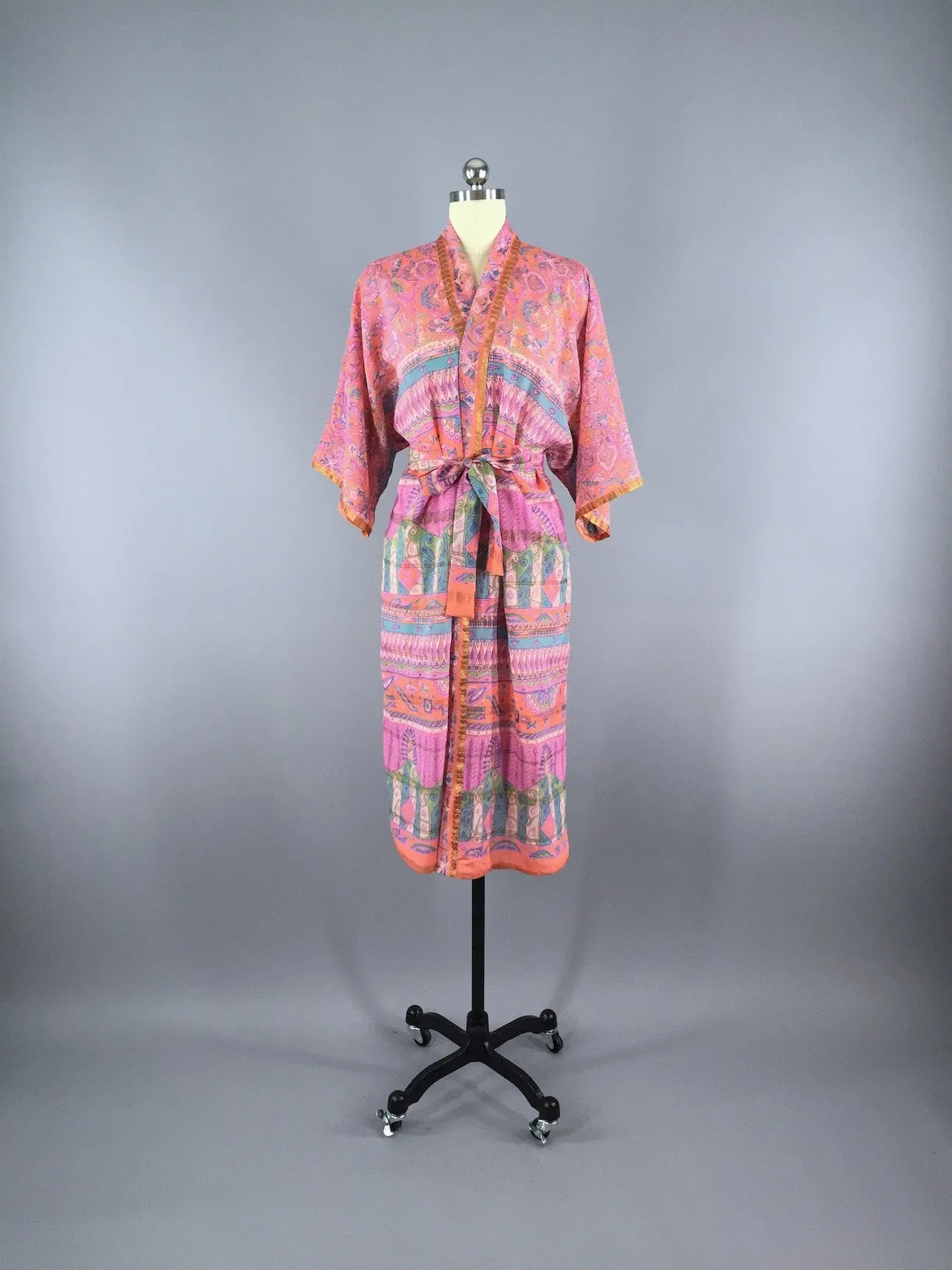 Chiffon Sari Robe / Coral Pink Green Floral