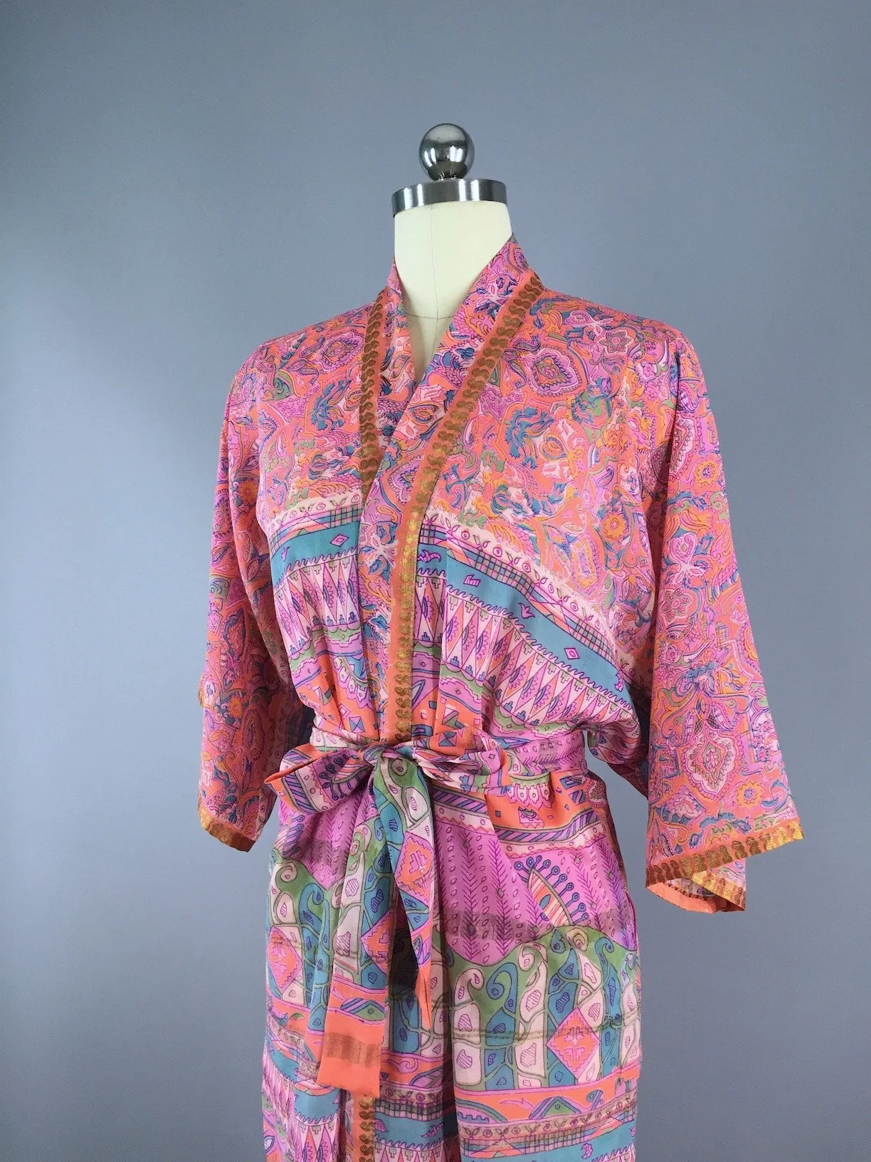 Chiffon Sari Robe / Coral Pink Green Floral