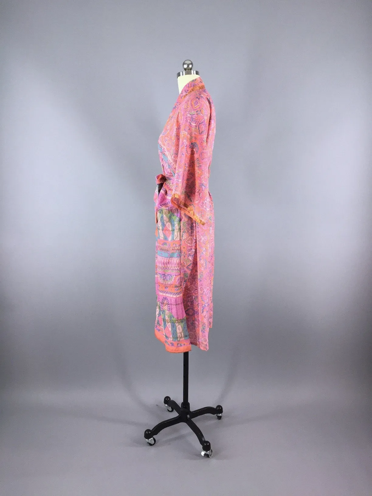 Chiffon Sari Robe / Coral Pink Green Floral